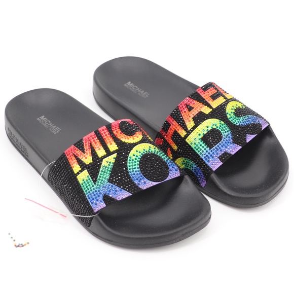 Michael Kors 6 Gilmore Embellished Slide Sandals Black Multi - Picture 4 of 16